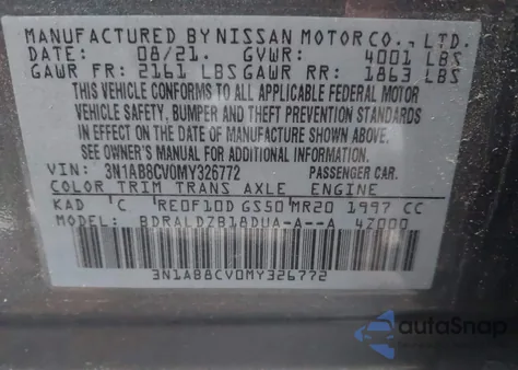 2021 Nissan Sentra Sv Xtronic Cvt z USA, uszkodzony, nr VIN 3N1AB8CV0MY326772